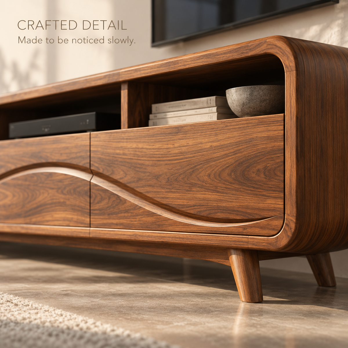 Theron Sculptural Solid Wood TV Stand - Design 109 - product detail and styling view 5