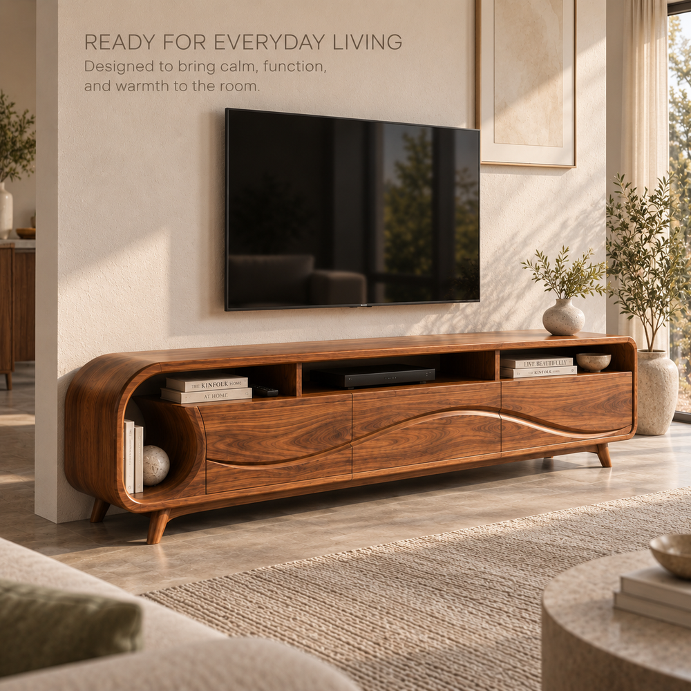 Theron Sculptural Solid Wood TV Stand - Design 109 - product detail and styling view 6