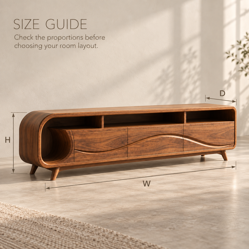 Theron Sculptural Solid Wood TV Stand - Design 109 - product detail and styling view 7