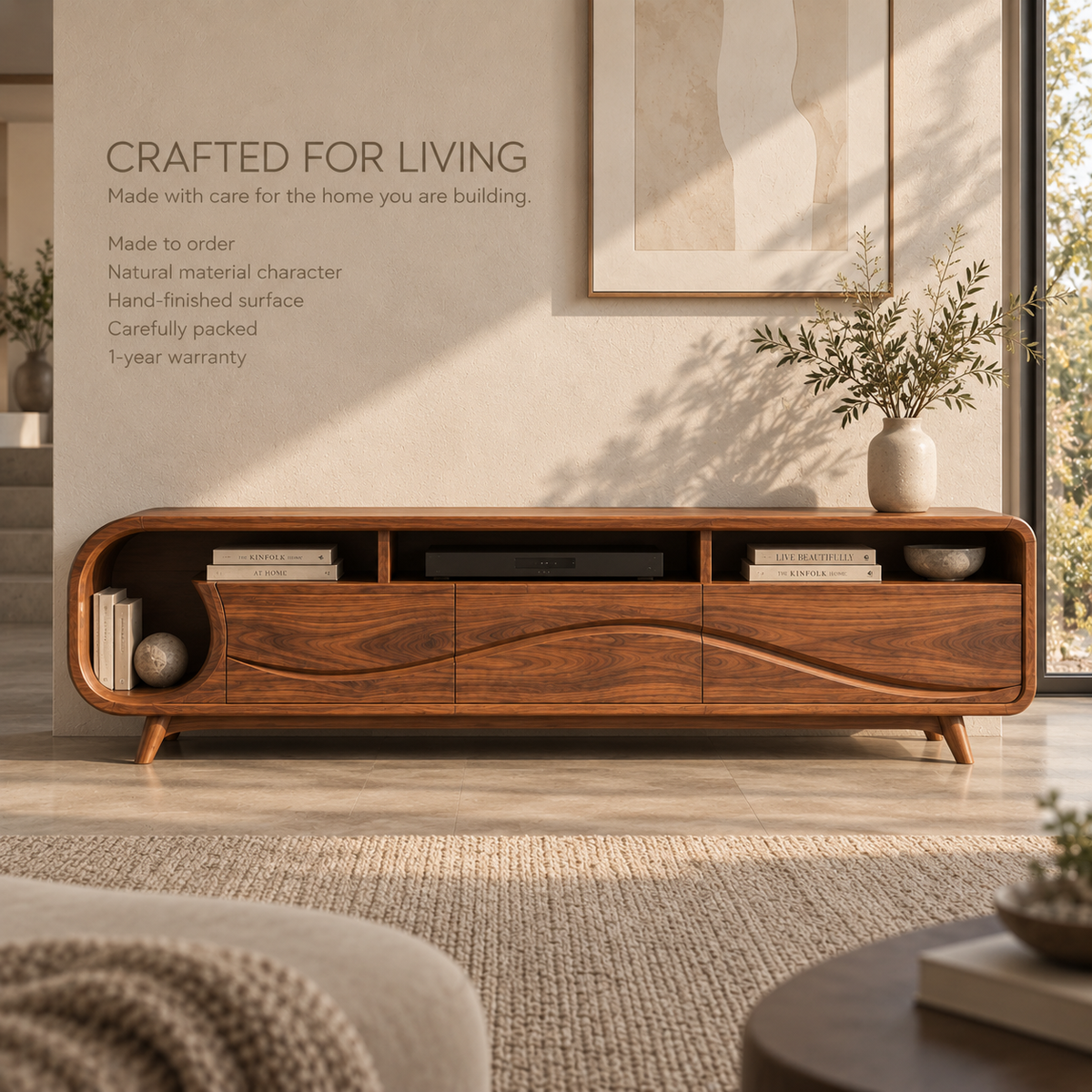 Theron Sculptural Solid Wood TV Stand - Design 109 - product detail and styling view 8