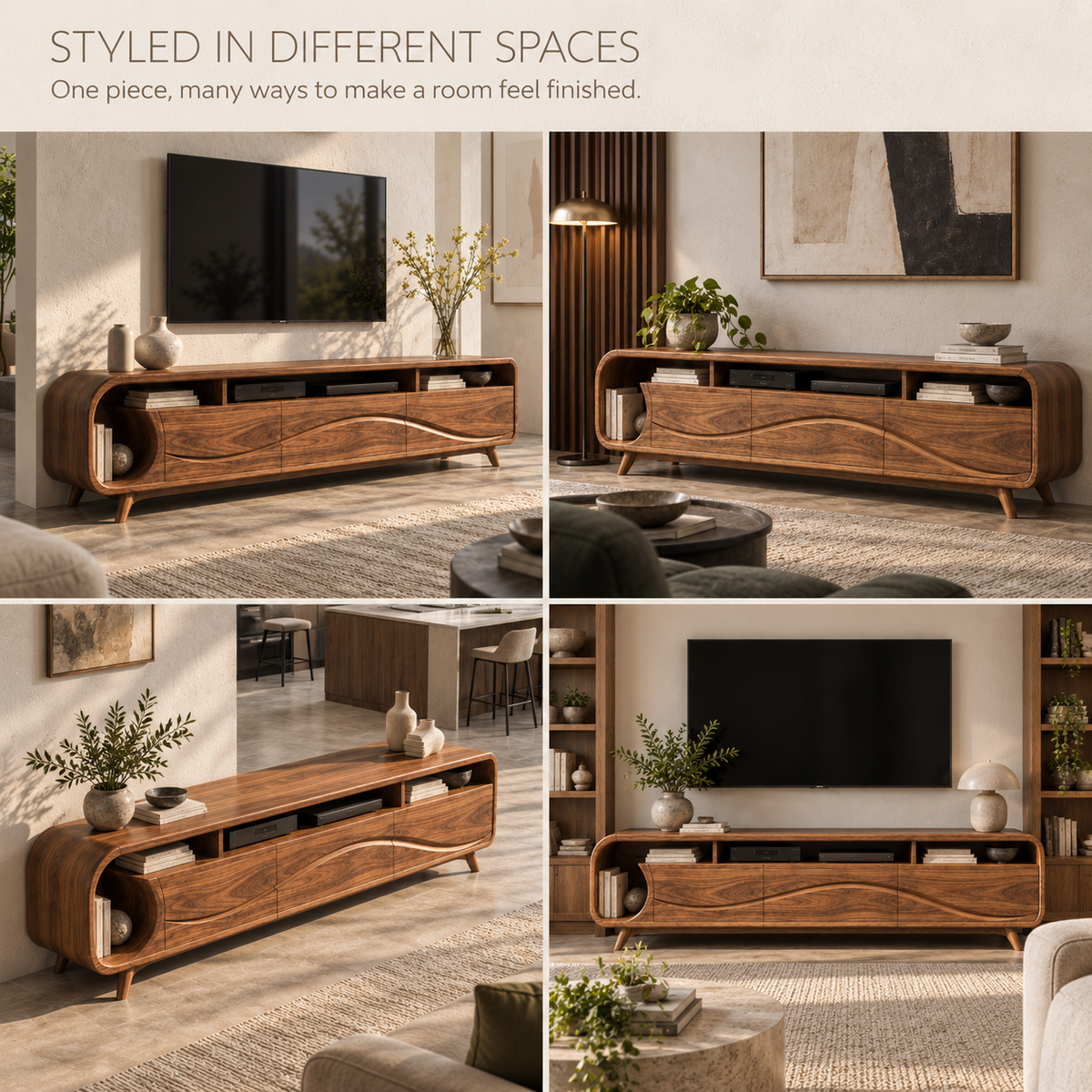 Theron Sculptural Solid Wood TV Stand - Design 109 - product detail and styling view 9