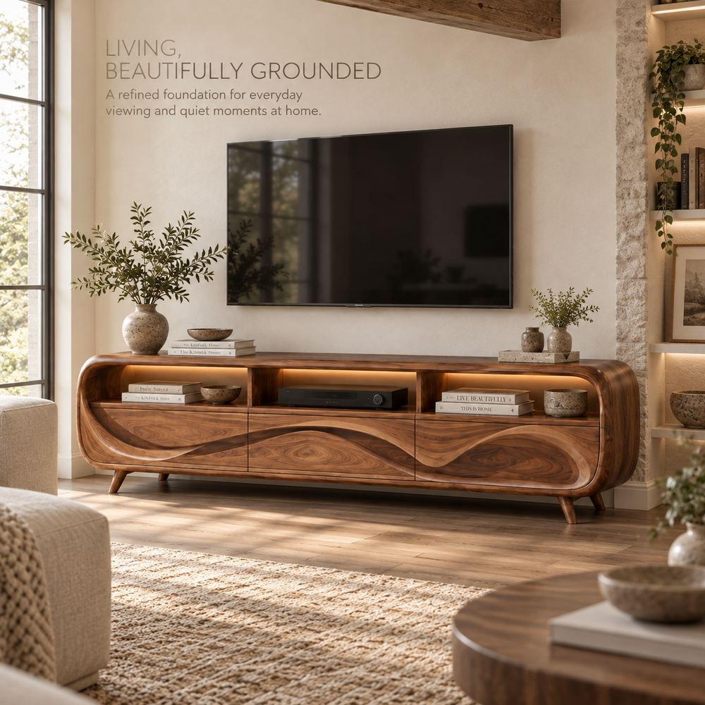 Lucienne Sculptural Solid Wood TV Stand - Design 110 - main lifestyle view