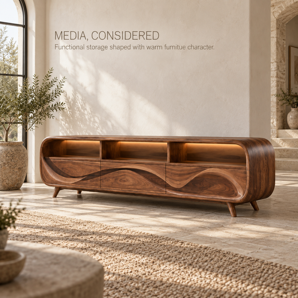 Lucienne Sculptural Solid Wood TV Stand - Design 110 - product detail and styling view 2