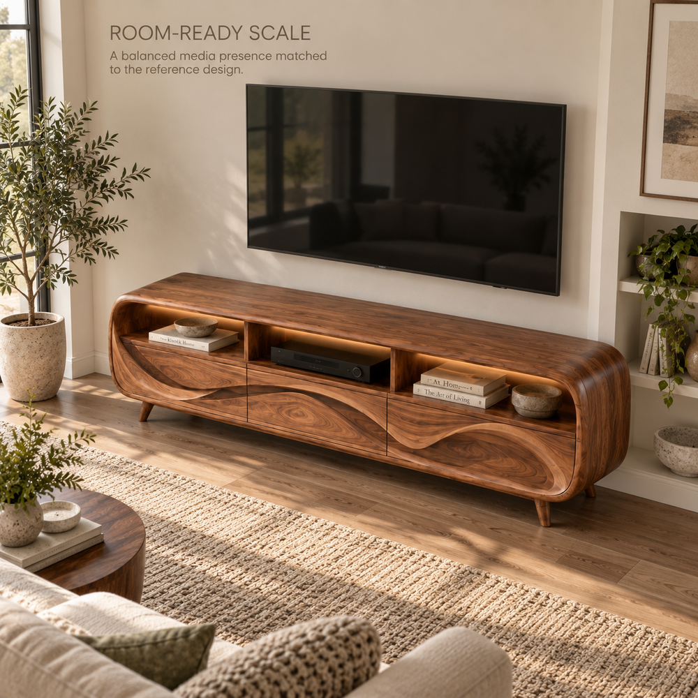 Lucienne Sculptural Solid Wood TV Stand - Design 110 - product detail and styling view 3