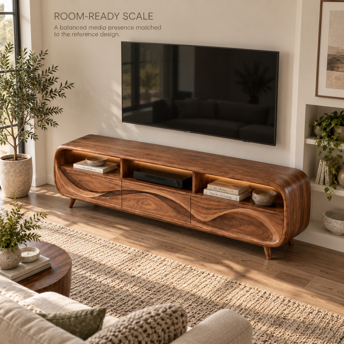 Lucienne Sculptural Solid Wood TV Stand - Design 110 - product detail and styling view 3