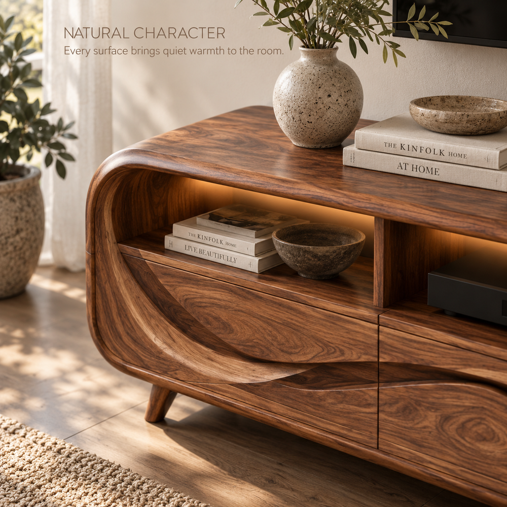 Lucienne Sculptural Solid Wood TV Stand - Design 110 - product detail and styling view 4