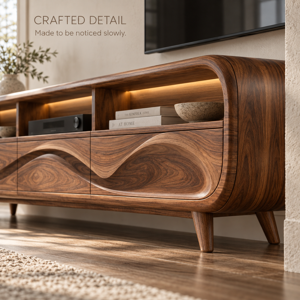 Lucienne Sculptural Solid Wood TV Stand - Design 110 - product detail and styling view 5