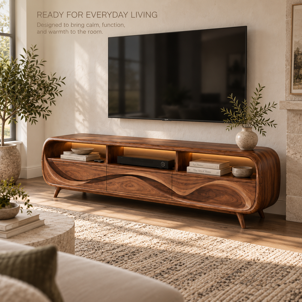 Lucienne Sculptural Solid Wood TV Stand - Design 110 - product detail and styling view 6