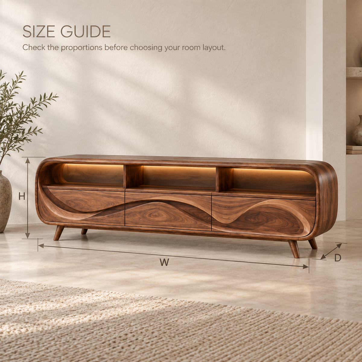 Lucienne Sculptural Solid Wood TV Stand - Design 110 - product detail and styling view 7