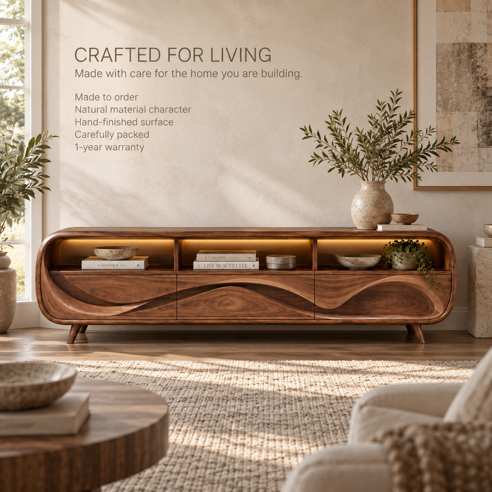 Lucienne Sculptural Solid Wood TV Stand - Design 110 - product detail and styling view 8