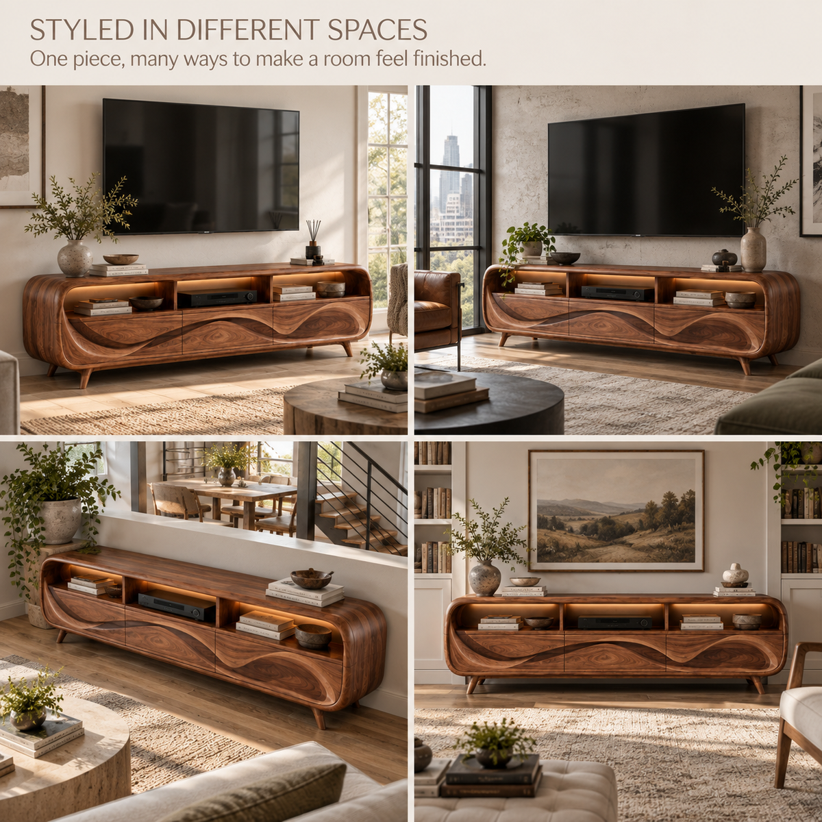 Lucienne Sculptural Solid Wood TV Stand - Design 110 - product detail and styling view 9