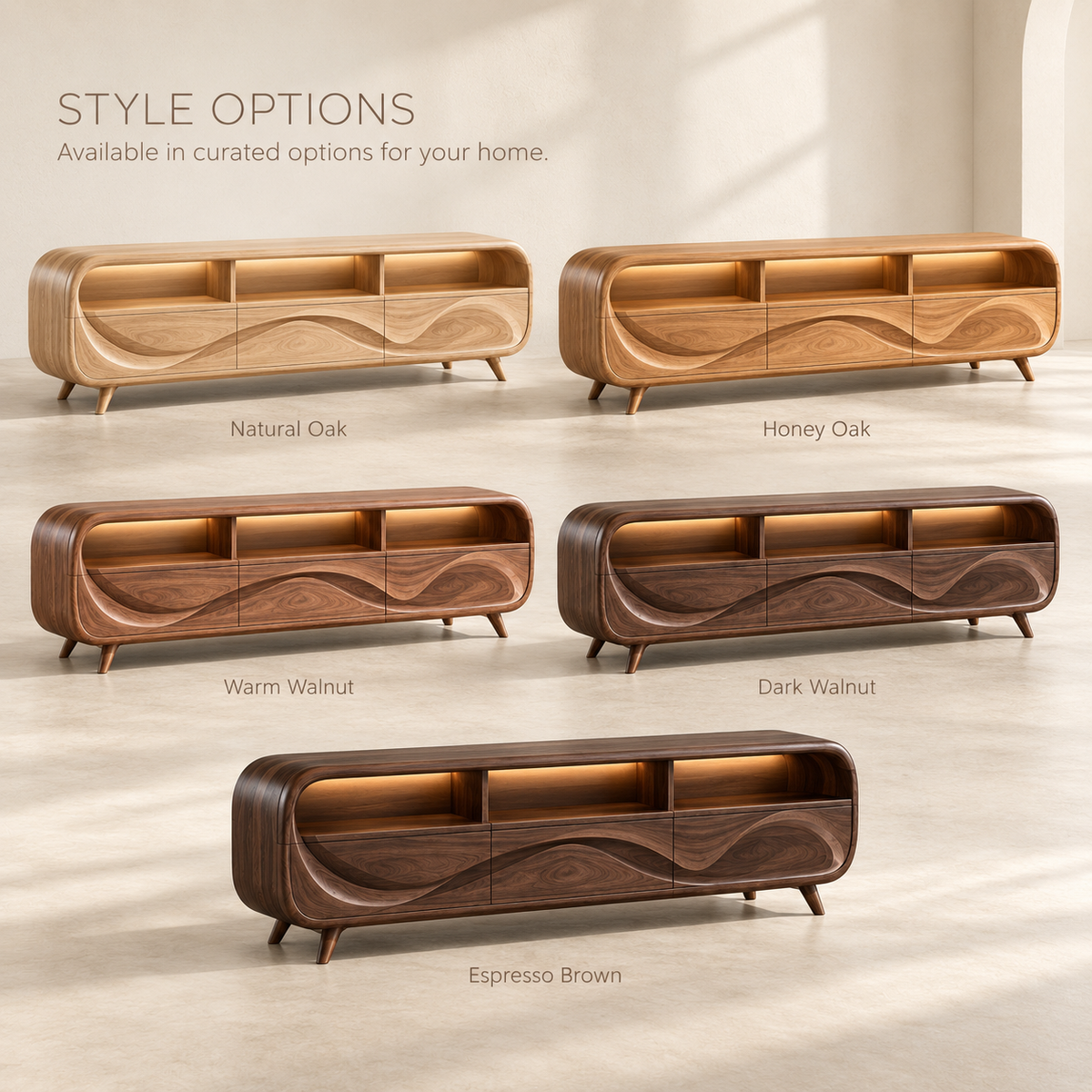 Lucienne Sculptural Solid Wood TV Stand - Design 110 - product detail and styling view 10