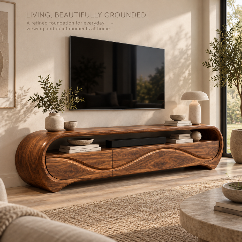 Alora Sculptural Solid Wood TV Stand - Design 111 - main lifestyle view
