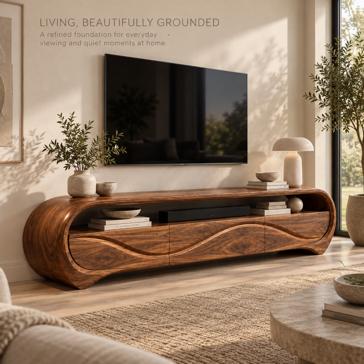 Alora Sculptural Solid Wood TV Stand - Design 111 - main lifestyle view