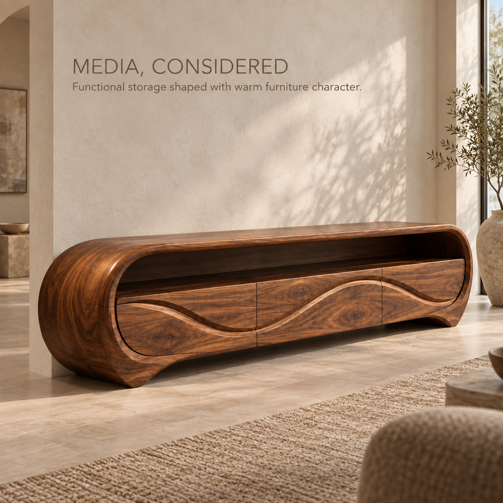 Alora Sculptural Solid Wood TV Stand - Design 111 - product detail and styling view 2