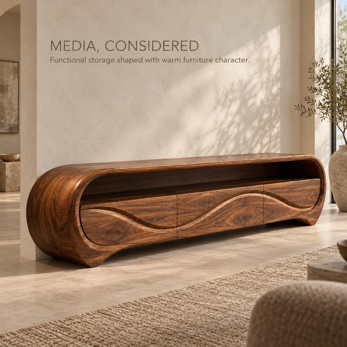 Alora Sculptural Solid Wood TV Stand - Design 111 - product detail and styling view 2