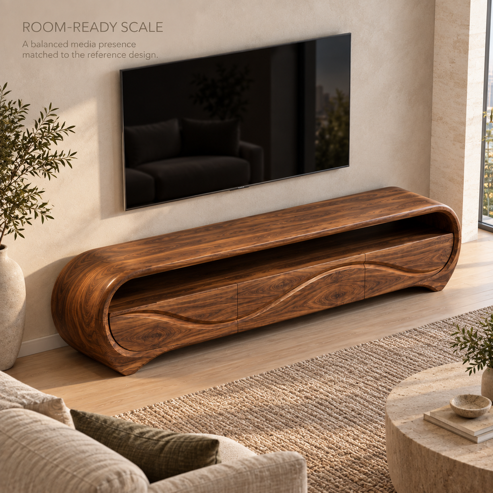 Alora Sculptural Solid Wood TV Stand - Design 111 - product detail and styling view 3