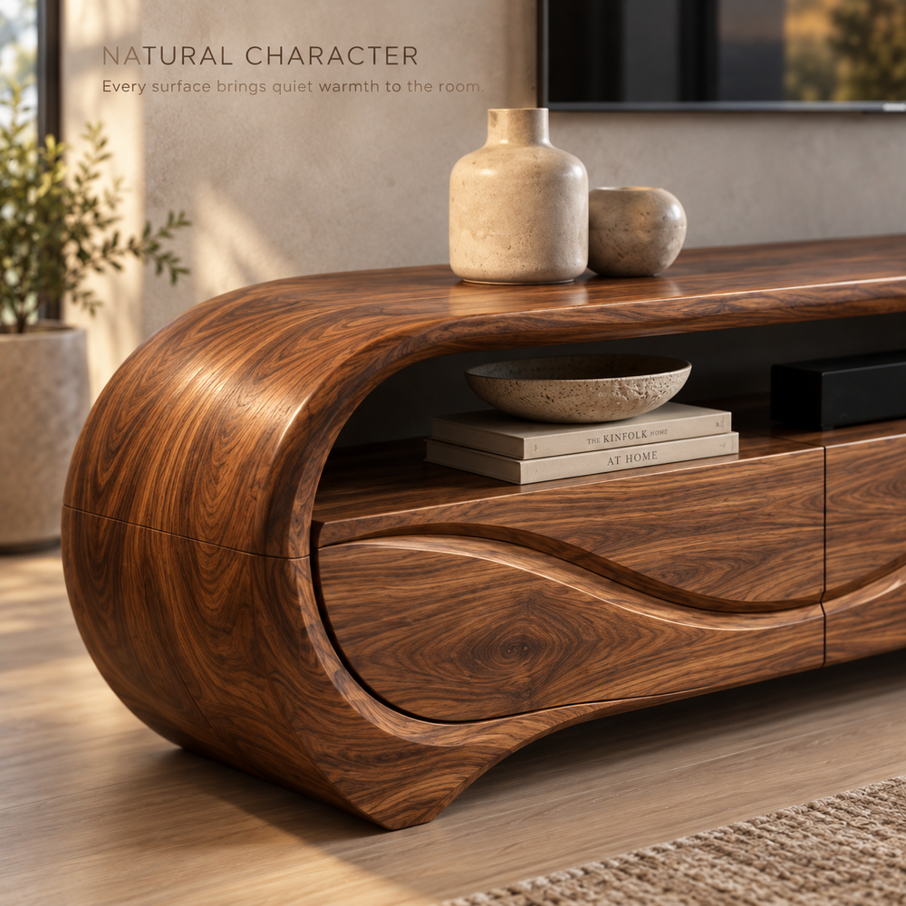 Alora Sculptural Solid Wood TV Stand - Design 111 - product detail and styling view 4
