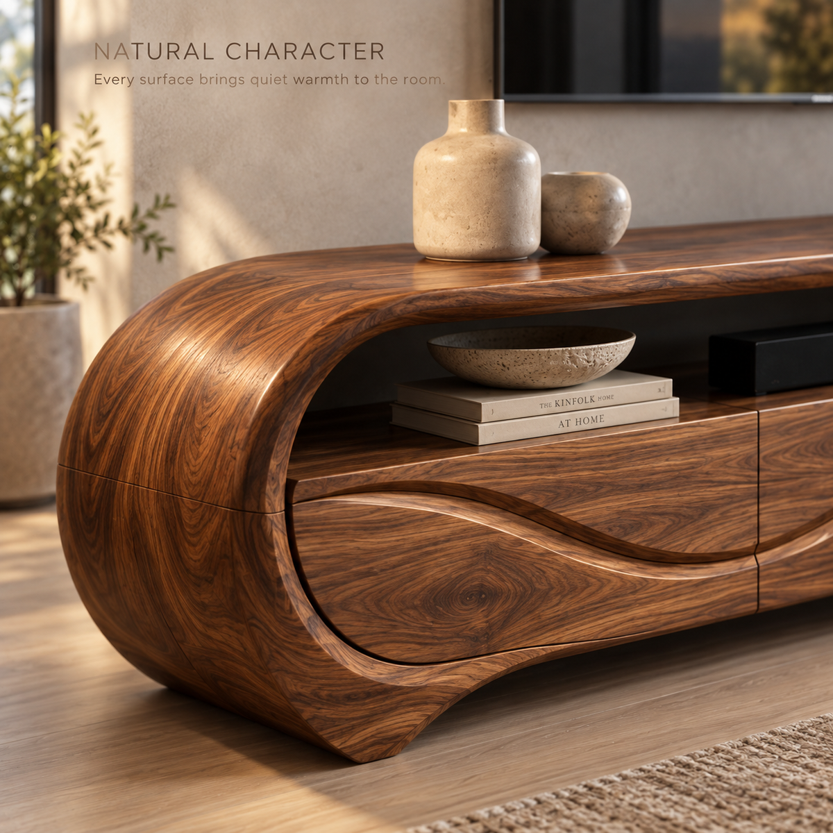 Alora Sculptural Solid Wood TV Stand - Design 111 - product detail and styling view 4