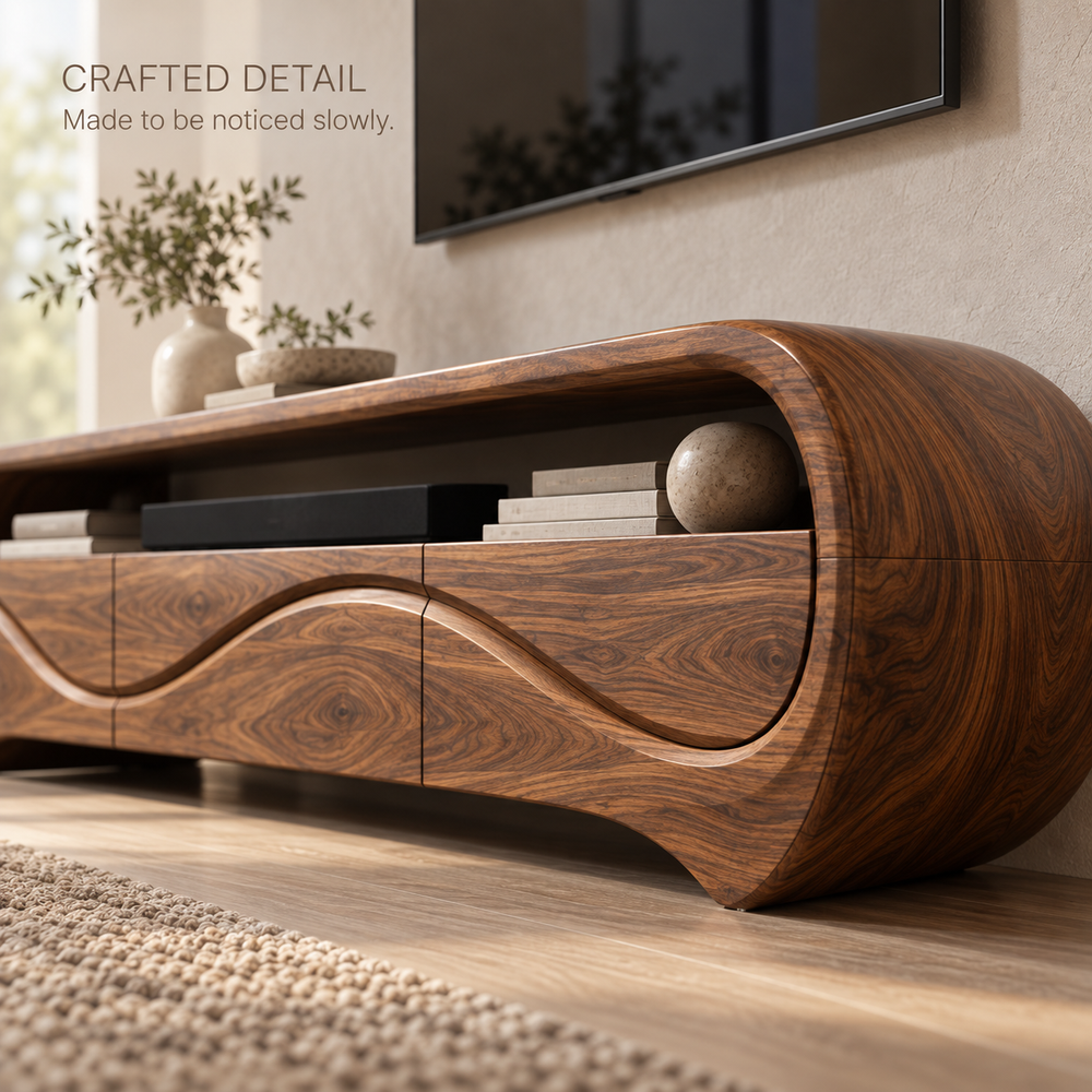 Alora Sculptural Solid Wood TV Stand - Design 111 - product detail and styling view 5