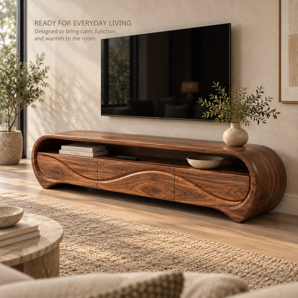 Alora Sculptural Solid Wood TV Stand - Design 111 - product detail and styling view 6