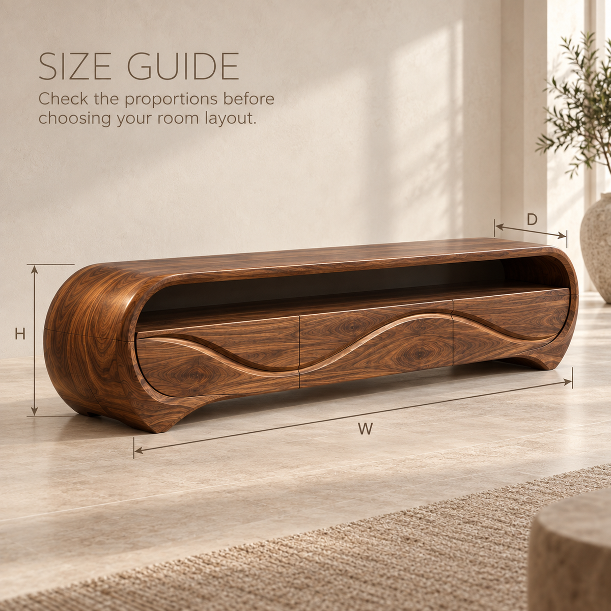 Alora Sculptural Solid Wood TV Stand - Design 111 - product detail and styling view 7