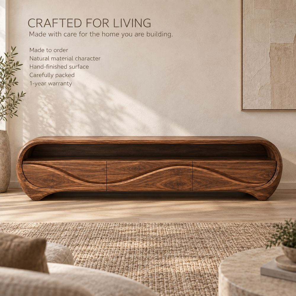 Alora Sculptural Solid Wood TV Stand - Design 111 - product detail and styling view 8