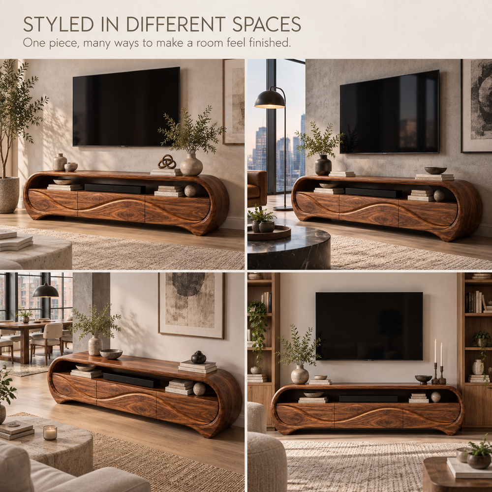 Alora Sculptural Solid Wood TV Stand - Design 111 - product detail and styling view 9