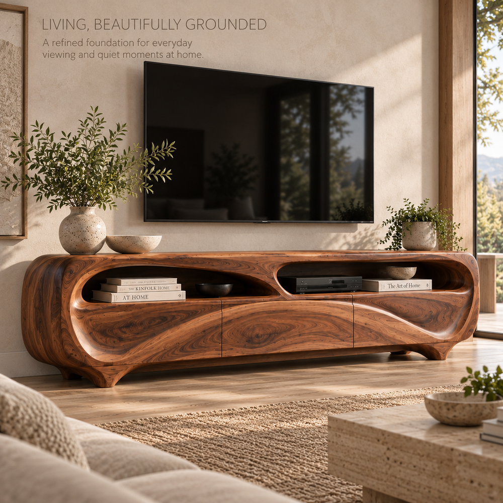 Renley Sculptural Solid Wood TV Stand - Design 112 - main lifestyle view