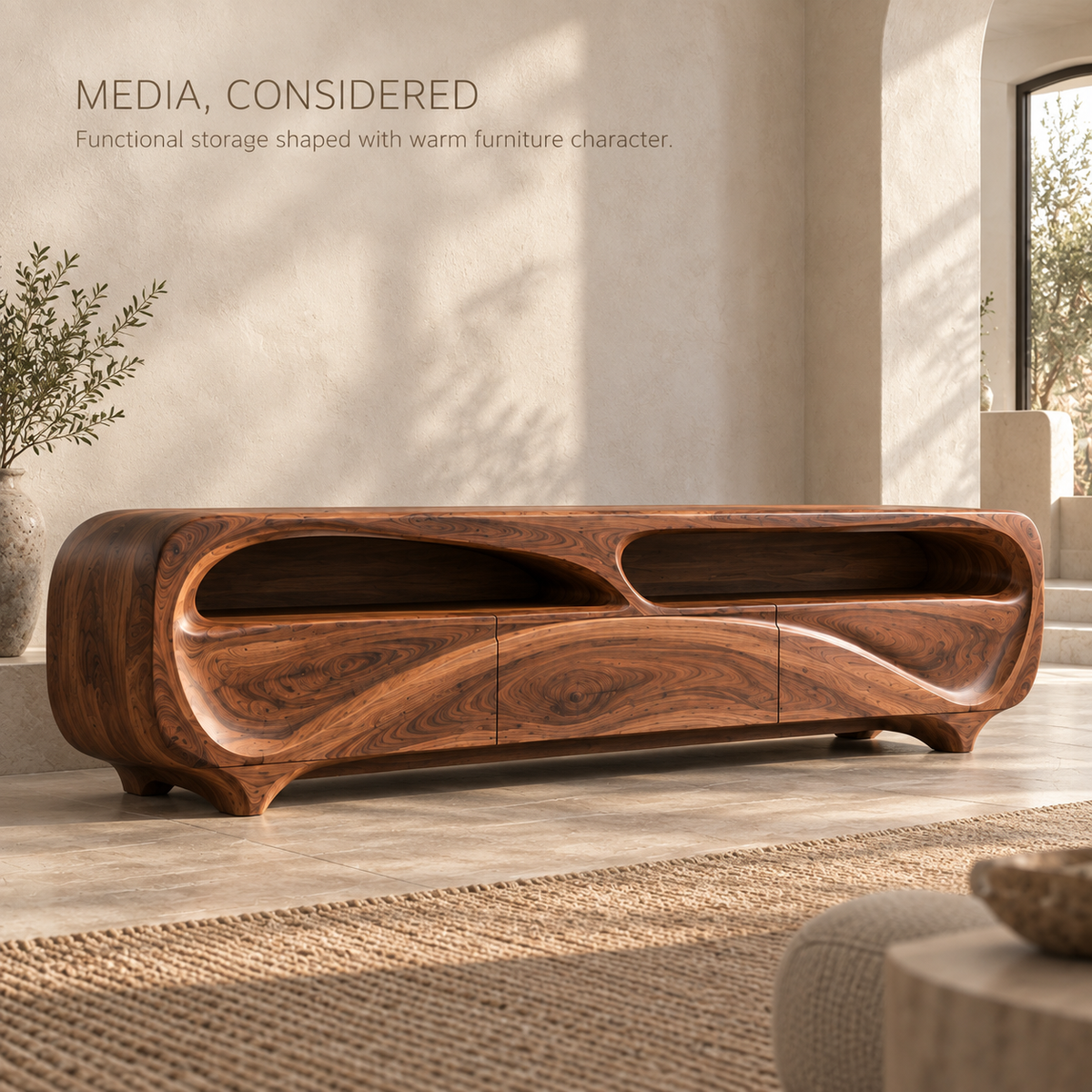 Renley Sculptural Solid Wood TV Stand - Design 112 - product detail and styling view 2