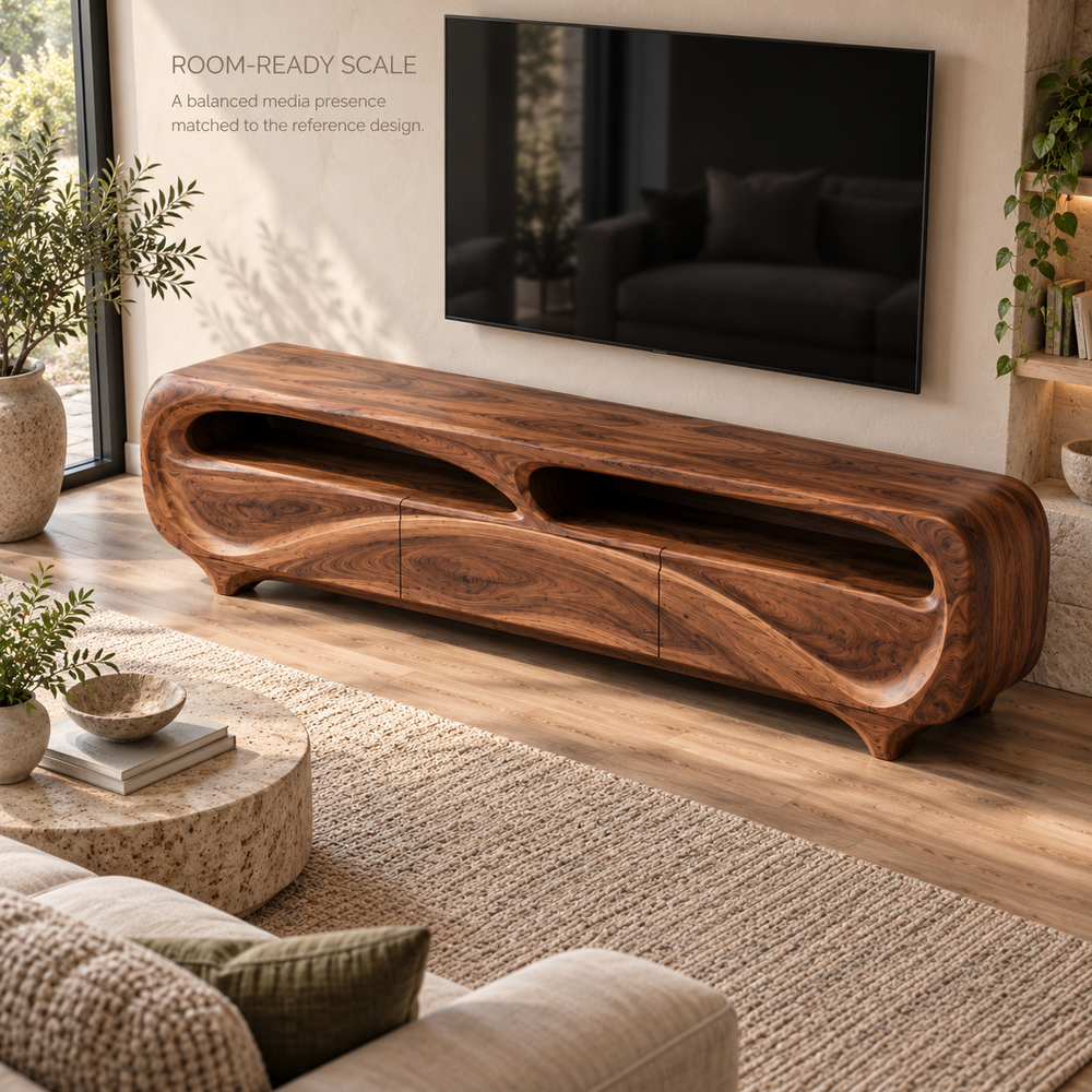 Renley Sculptural Solid Wood TV Stand - Design 112 - product detail and styling view 3