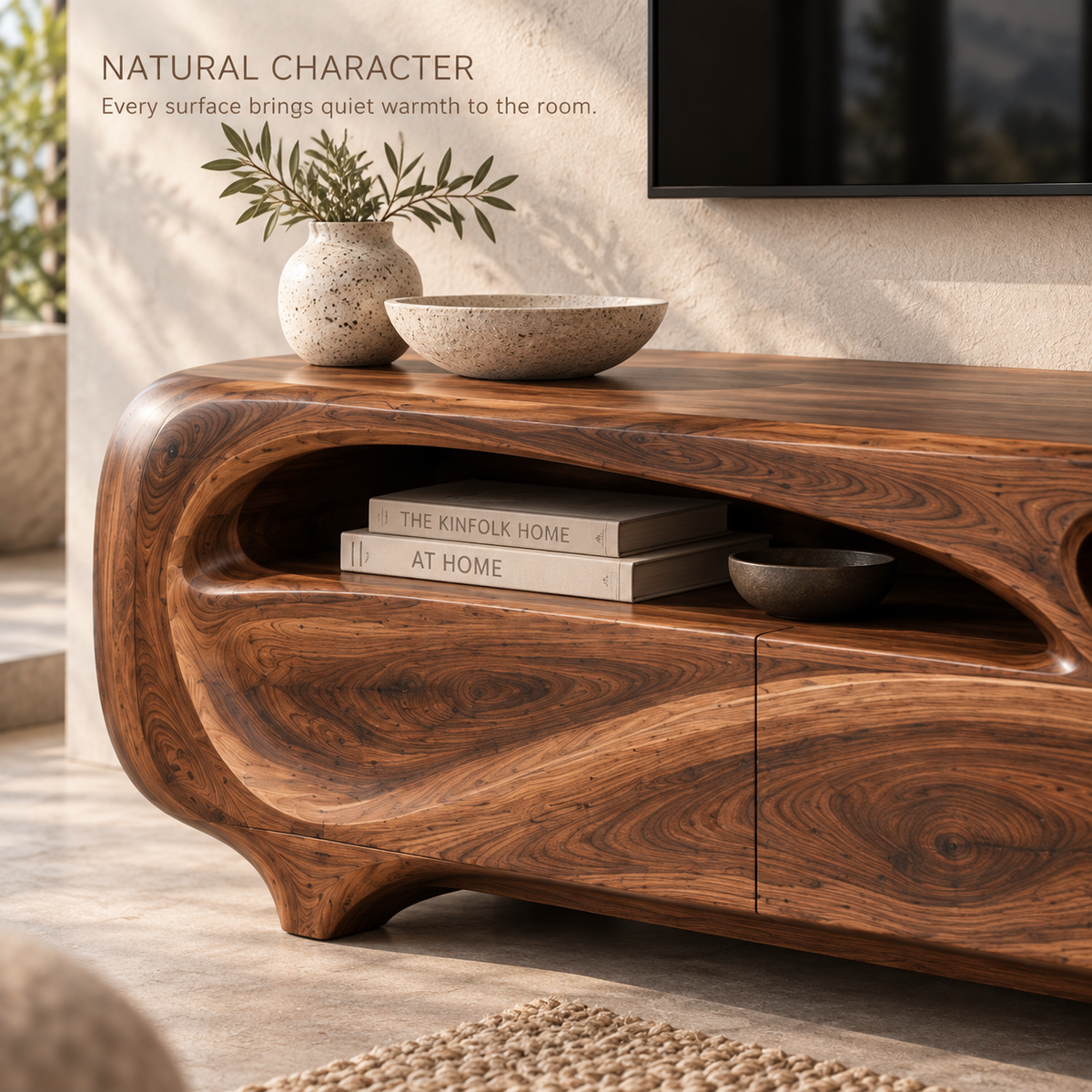 Renley Sculptural Solid Wood TV Stand - Design 112 - product detail and styling view 4