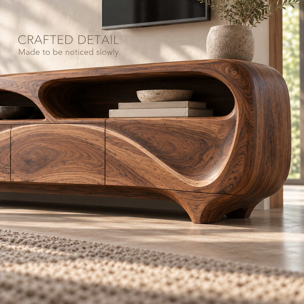 Renley Sculptural Solid Wood TV Stand - Design 112 - product detail and styling view 5