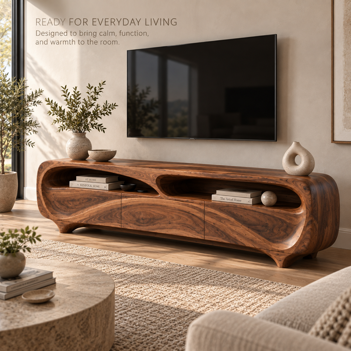 Renley Sculptural Solid Wood TV Stand - Design 112 - product detail and styling view 6
