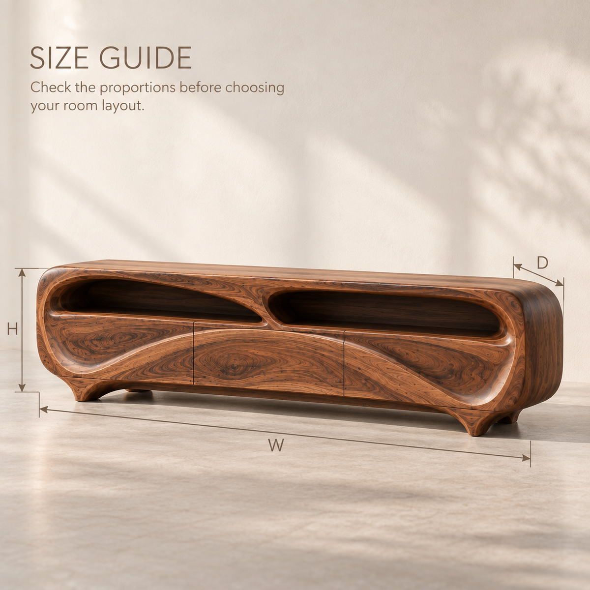 Renley Sculptural Solid Wood TV Stand - Design 112 - product detail and styling view 7
