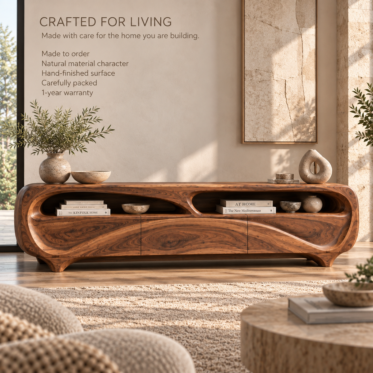Renley Sculptural Solid Wood TV Stand - Design 112 - product detail and styling view 8