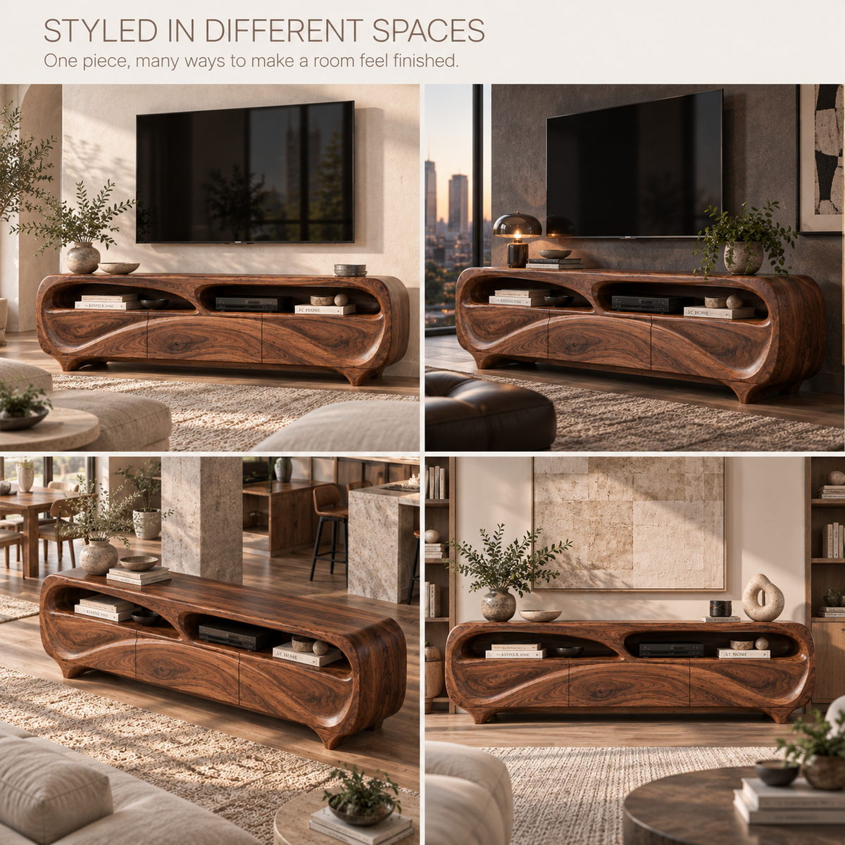 Renley Sculptural Solid Wood TV Stand - Design 112 - product detail and styling view 9