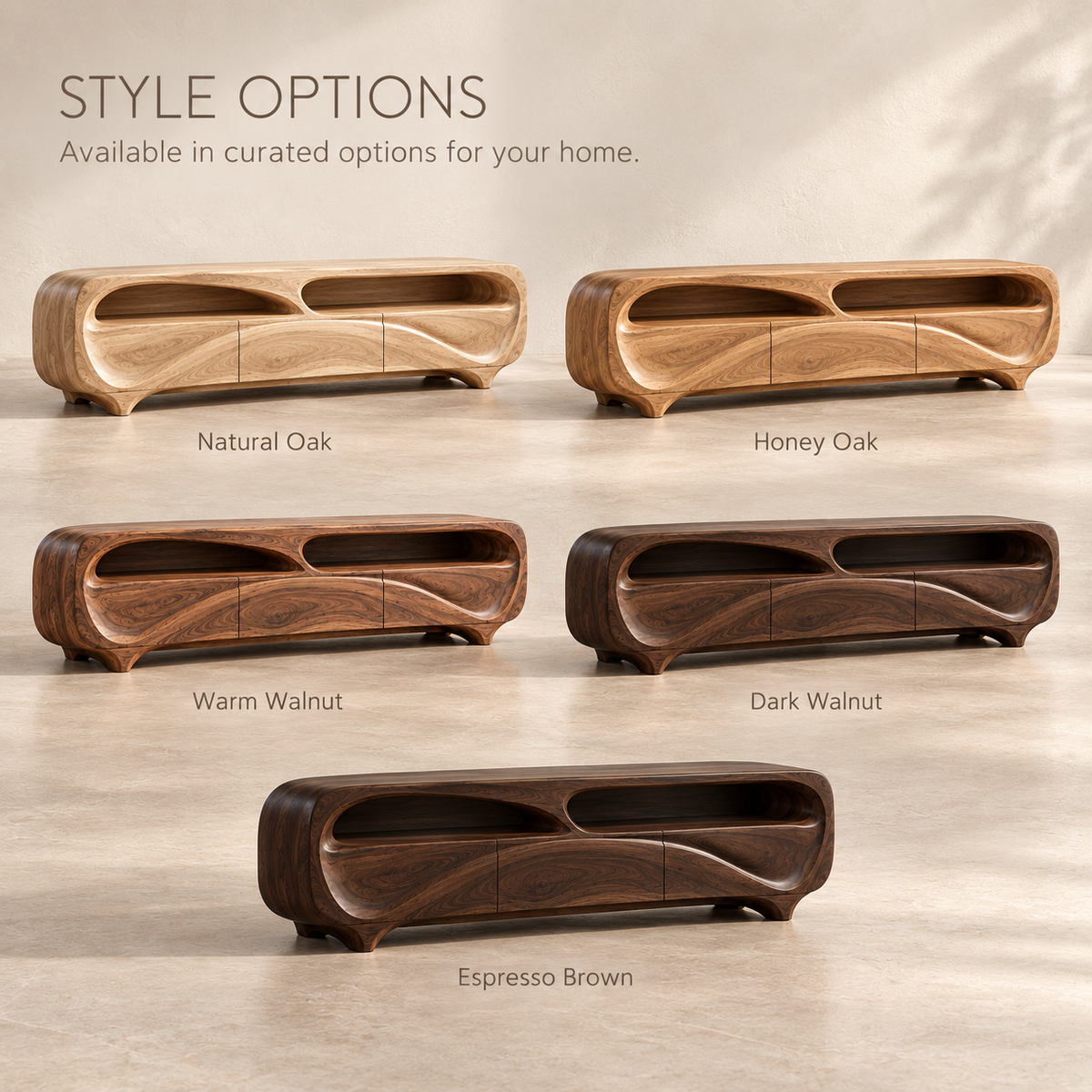 Renley Sculptural Solid Wood TV Stand - Design 112 - product detail and styling view 10