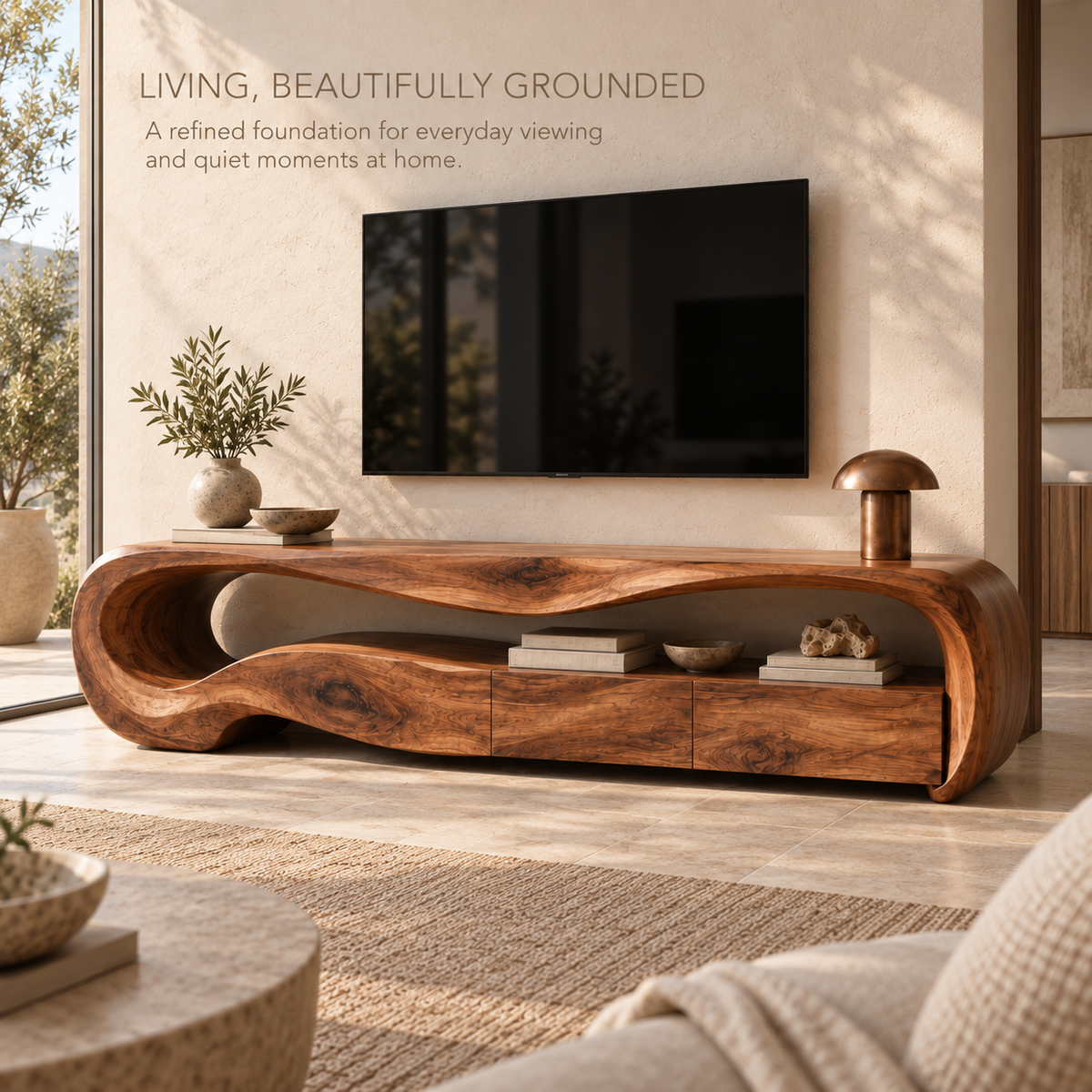 Dorian Sculptural Solid Wood TV Stand - Design 113 - main lifestyle view
