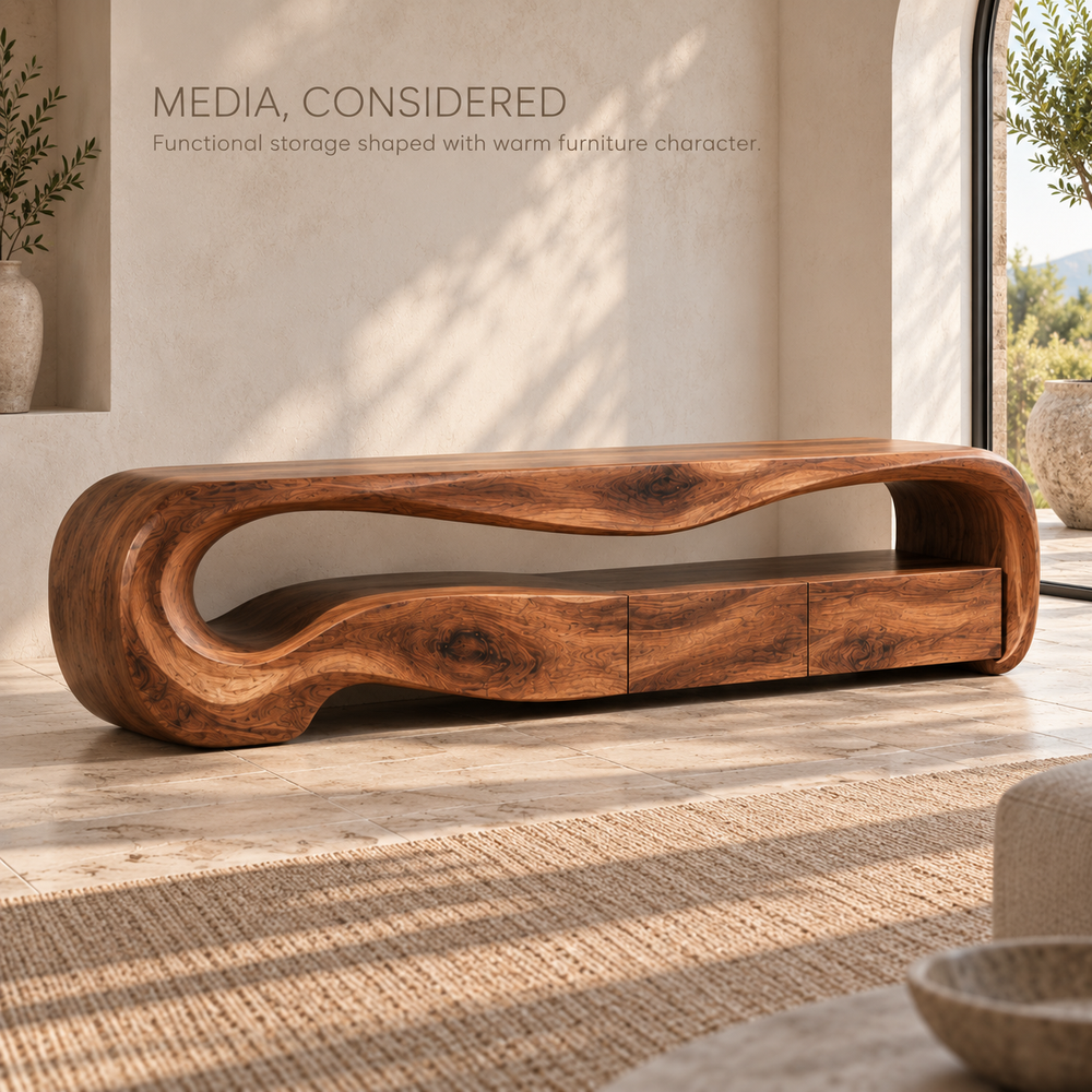 Dorian Sculptural Solid Wood TV Stand - Design 113 - product detail and styling view 2