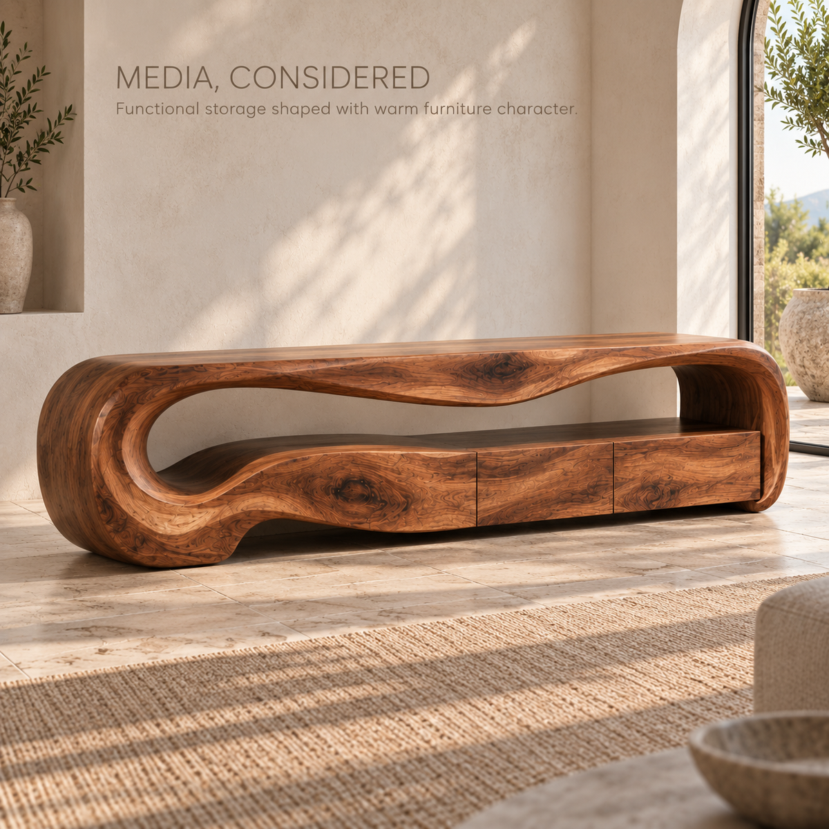 Dorian Sculptural Solid Wood TV Stand - Design 113 - product detail and styling view 2