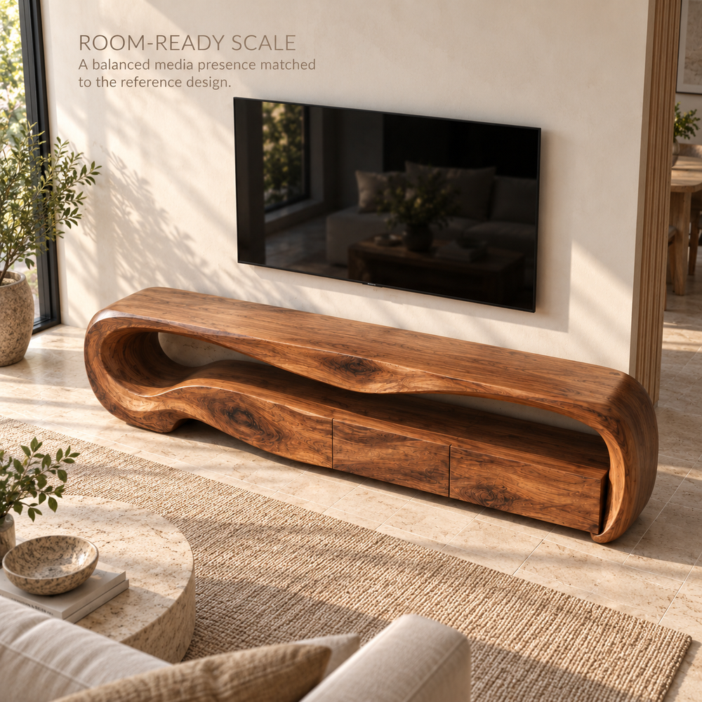 Dorian Sculptural Solid Wood TV Stand - Design 113 - product detail and styling view 3