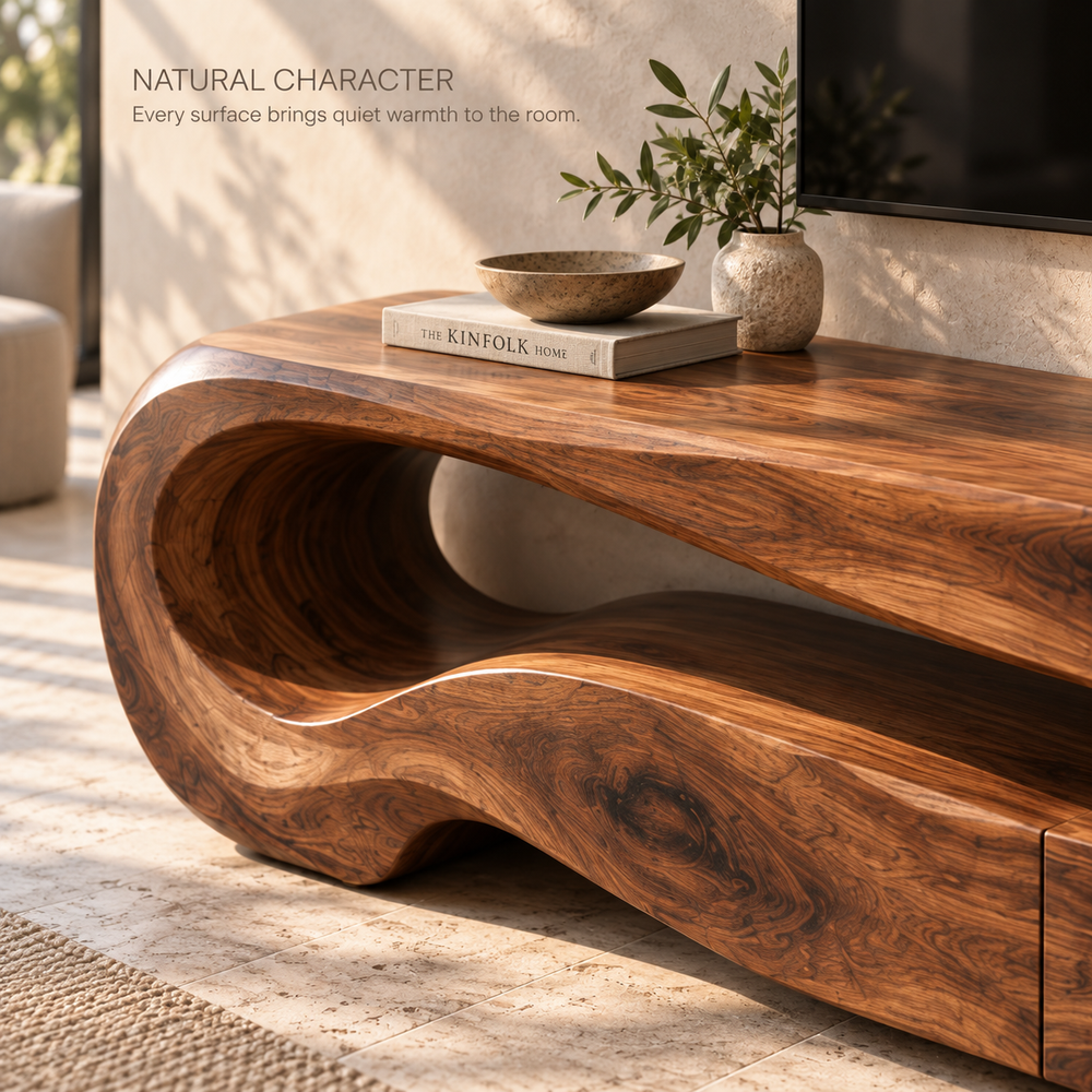 Dorian Sculptural Solid Wood TV Stand - Design 113 - product detail and styling view 4