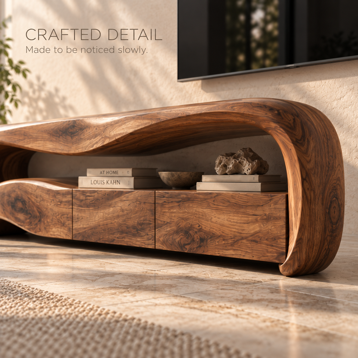 Dorian Sculptural Solid Wood TV Stand - Design 113 - product detail and styling view 5