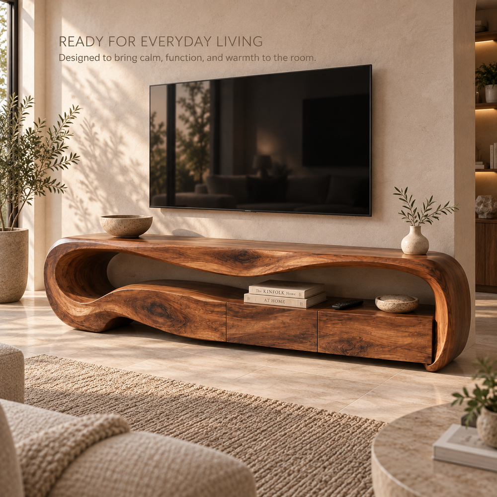 Dorian Sculptural Solid Wood TV Stand - Design 113 - product detail and styling view 6