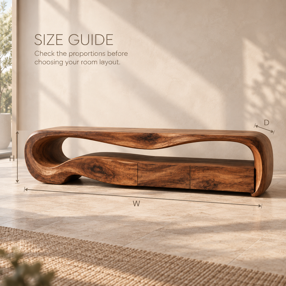 Dorian Sculptural Solid Wood TV Stand - Design 113 - product detail and styling view 7
