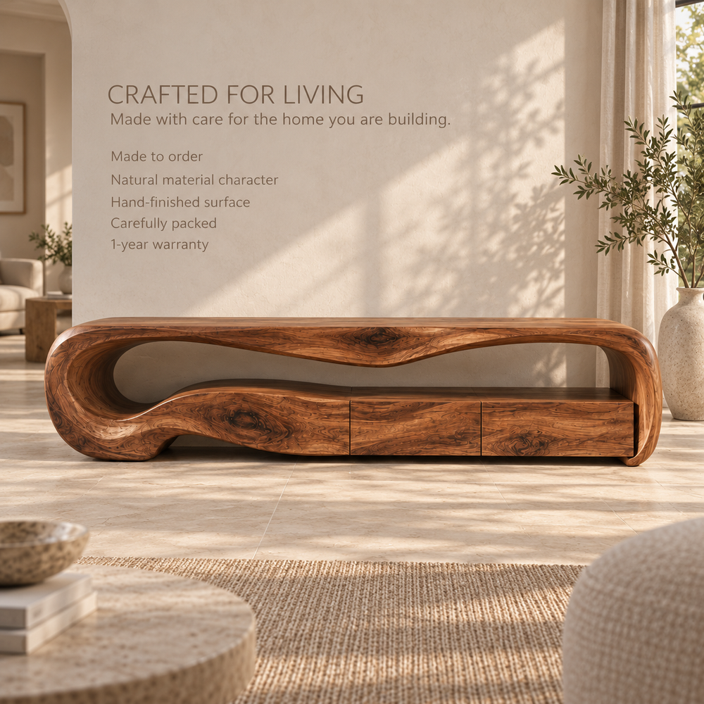 Dorian Sculptural Solid Wood TV Stand - Design 113 - product detail and styling view 8