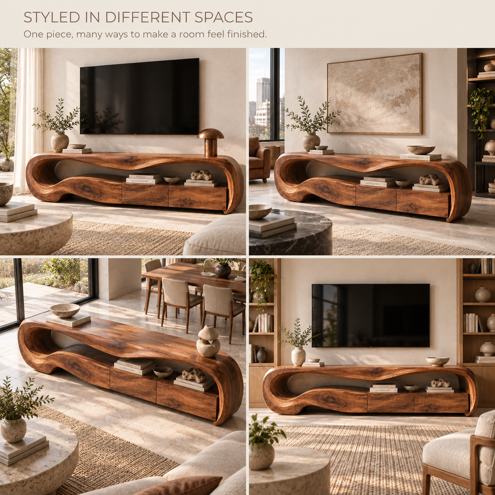 Dorian Sculptural Solid Wood TV Stand - Design 113 - product detail and styling view 9