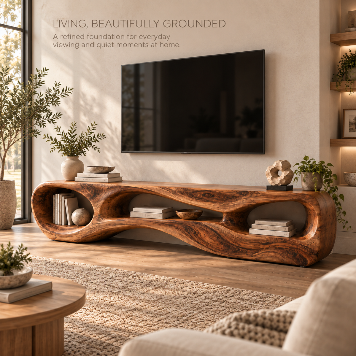 Neria Sculptural Solid Wood TV Stand - Design 114 - main lifestyle view