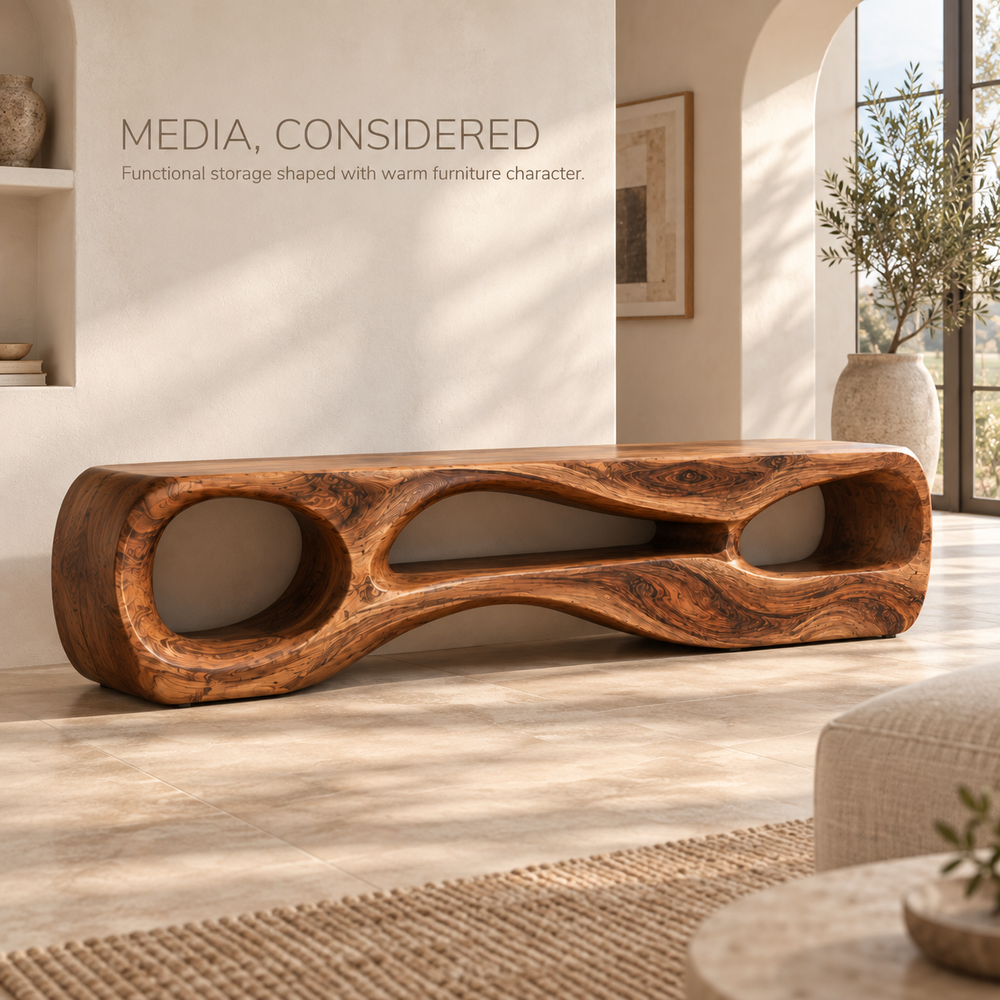 Neria Sculptural Solid Wood TV Stand - Design 114 - product detail and styling view 2